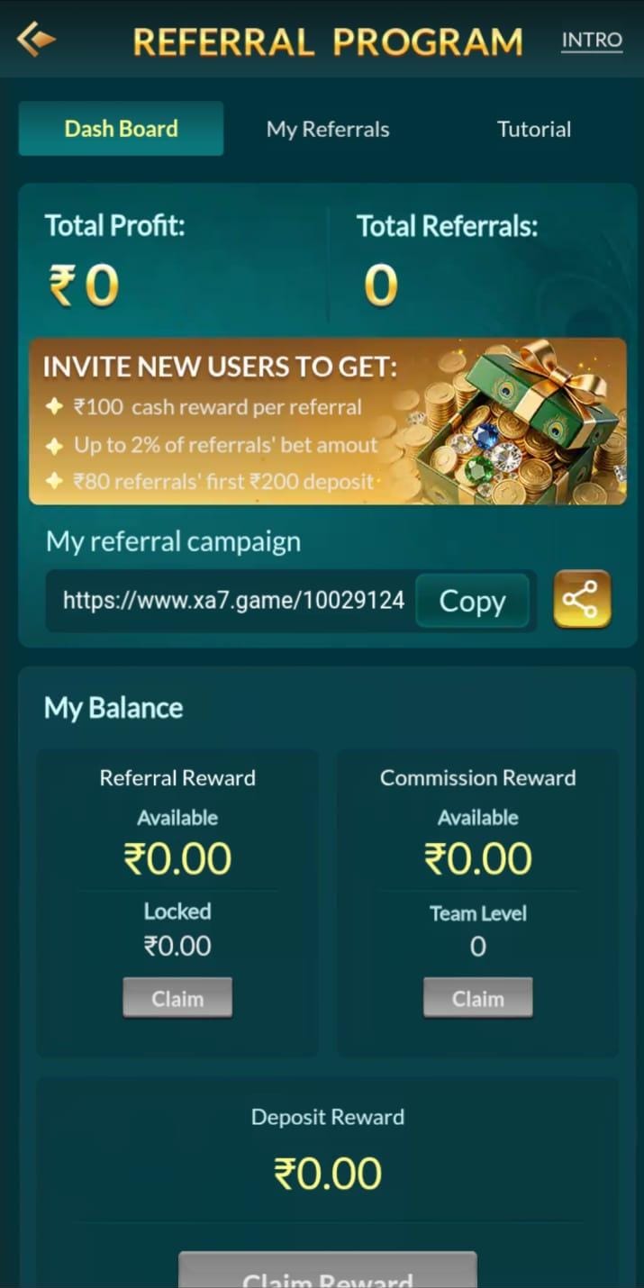 Xa7 Game referral program dashboard showing referral link, invite bonus, commission rewards, and account balance.