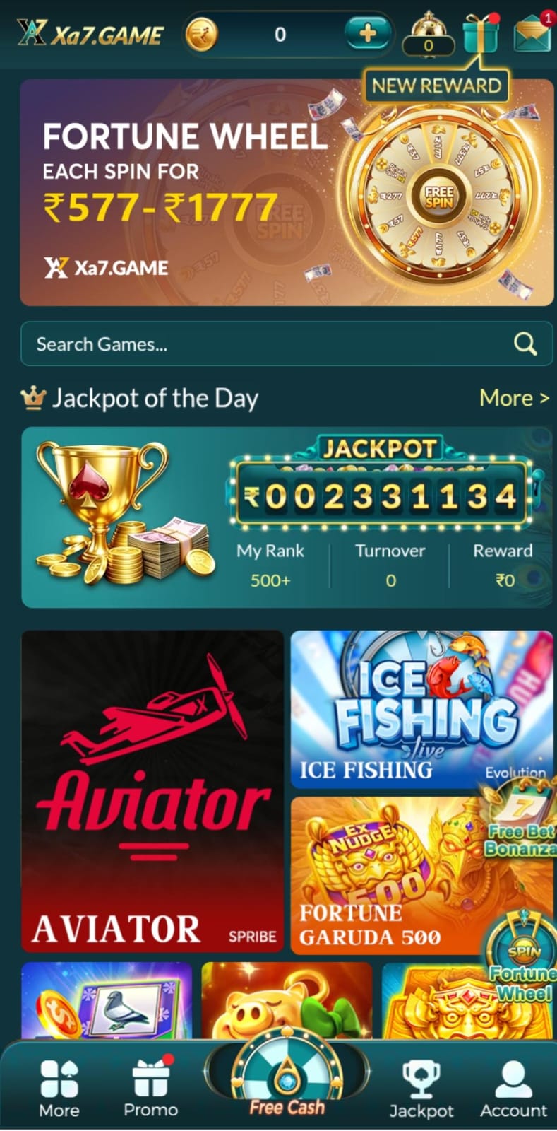 Xa7 Game homepage featuring Fortune Wheel, Aviator, Ice Fishing, Jackpot of the Day, and Free Cash rewards.